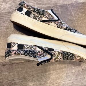Vans Black and Pink Floral Slip-On Sneakers